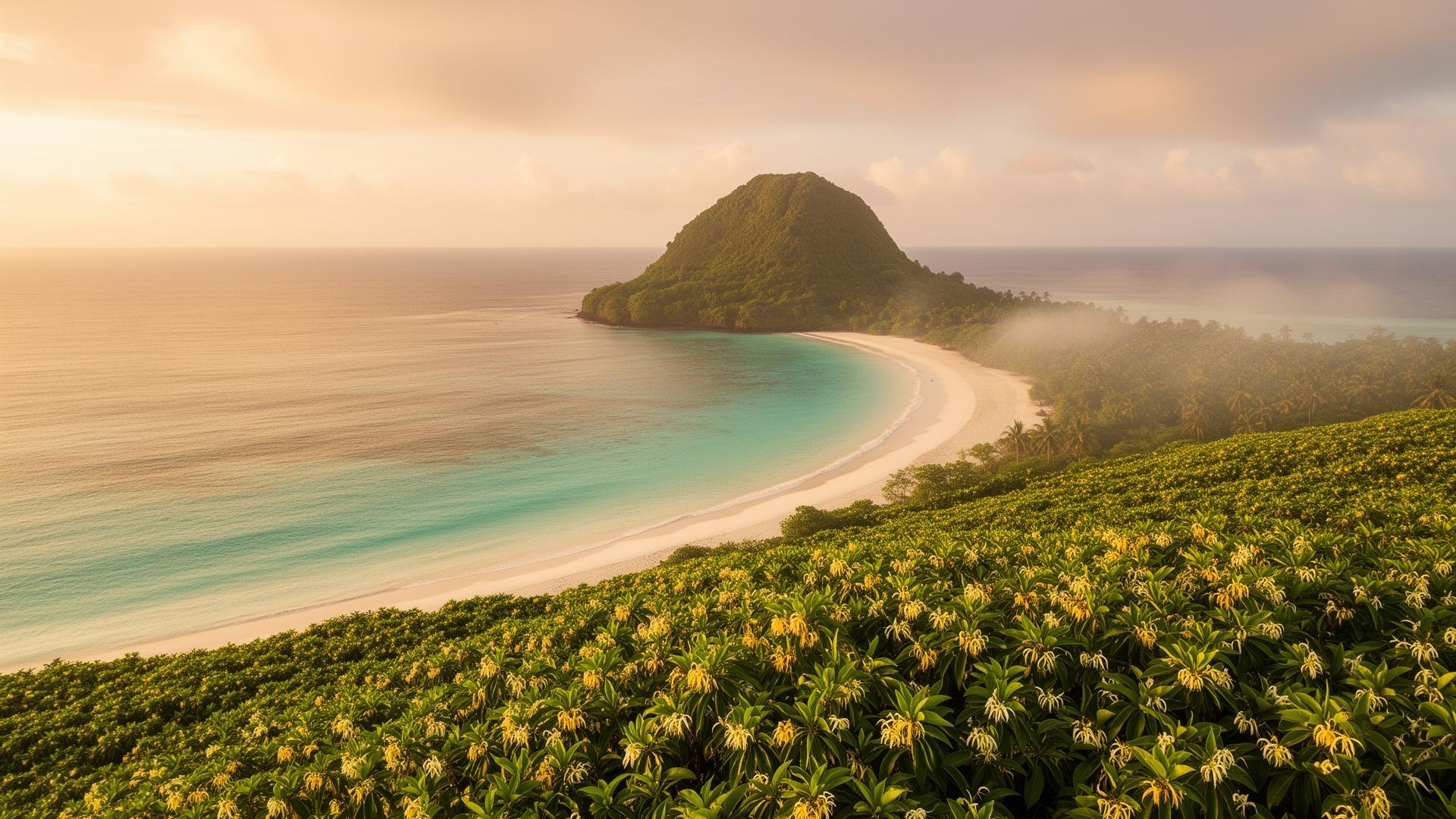 Mayotte au coucher du soleil, lagon turquoise et champs d'ylang-ylang